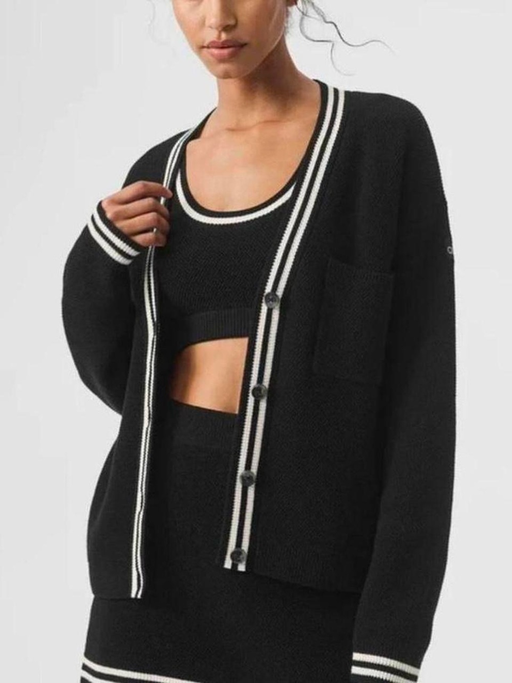 ALO Yoga Black Tennis Club Sweater Knit Cardigan with Ivory Stripes Trim.